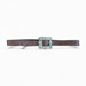 Vegan Floral Embossed Leather Western Belt with Chunky Silver Turquoise Buckle